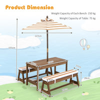 Kids Picnic Table Bench Set, Wooden Kids Outdoor Furniture with Umbrella, Sponge Cushions