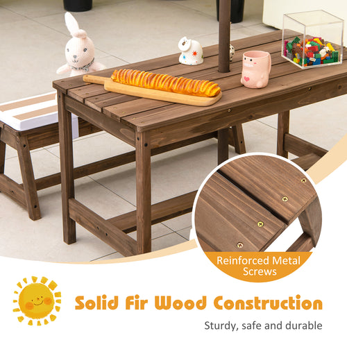 Kids Picnic Table Bench Set, Wooden Kids Outdoor Furniture with Umbrella, Sponge Cushions