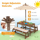 Height adjustable umbrella with wooden table and bench set on a sunny day background