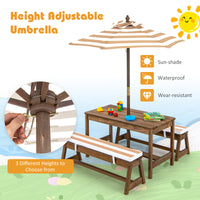 Height adjustable umbrella with wooden table and bench set on a sunny day background