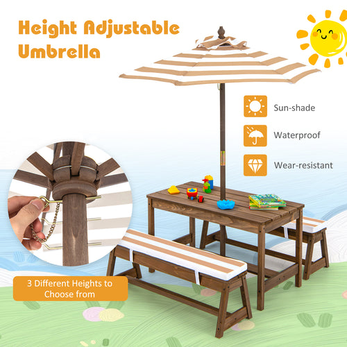 Height adjustable umbrella with wooden table and bench set on a sunny day background