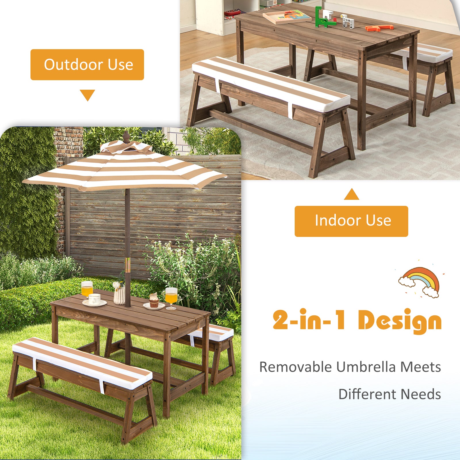 Wooden outdoor table and bench set with a removable umbrella, suitable for both indoor and outdoor use.