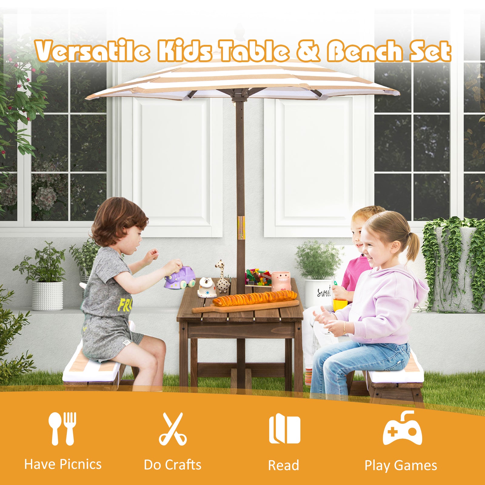 Children playing with a kids table and bench set outdoors.