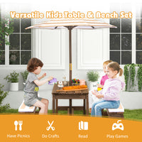 Children playing with a kids table and bench set outdoors.