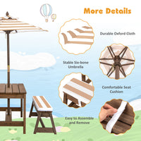 Outdoor furniture set with umbrella and table on a beach background, featuring durable fabric, stable structure, and easy assembly.