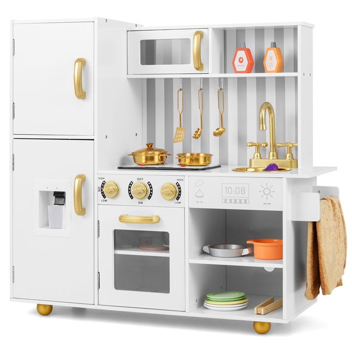 INFANS Play Kitchen for Kids, Wooden Kids Play Kitchen Playset with Realistic Light & Sounds
