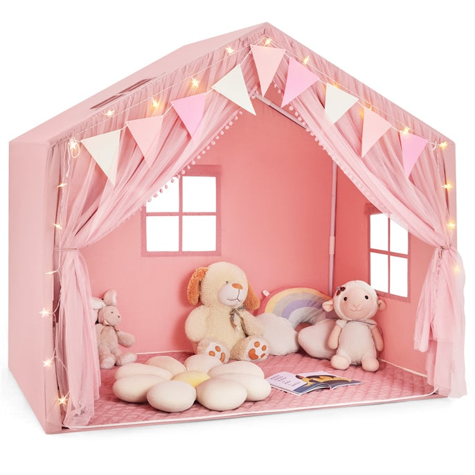 INFANS Kids Play Tent, Large Size Playhouse with Washable Cotton Mat Star Light Windows Plaid Pennants