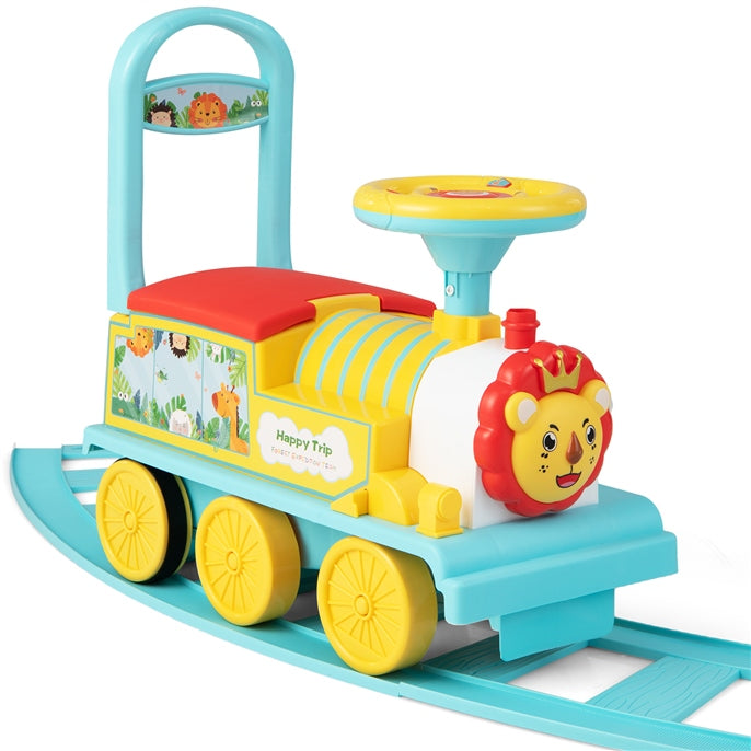 OLAKIDS Kids Ride On Train with Track 6V Electric Toy with Lights and Sounds