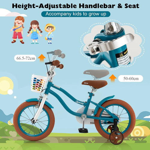 14 Inch Boys Girls Bike for 3-8 Years w/Training Wheels, Adjustable Handlebar & Seat