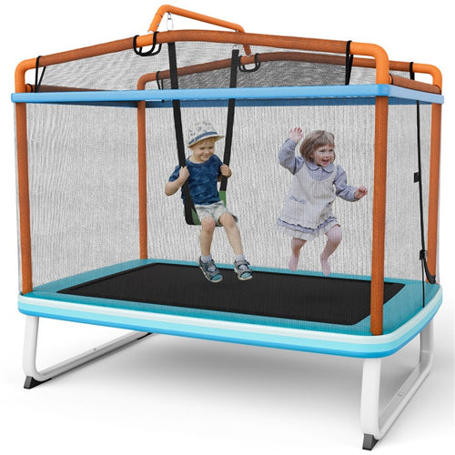 6FT Kids Trampoline, 3-in-1 Trampoline w/Swing & Horizontal Bar, Rectangle Toddler Trampoline