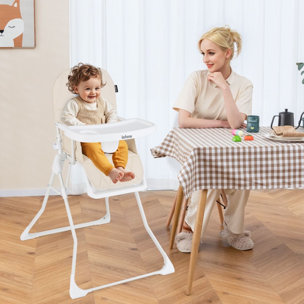 Baby Foldable High Chair with Removable Adjustable Tray and PU Seat Cushion