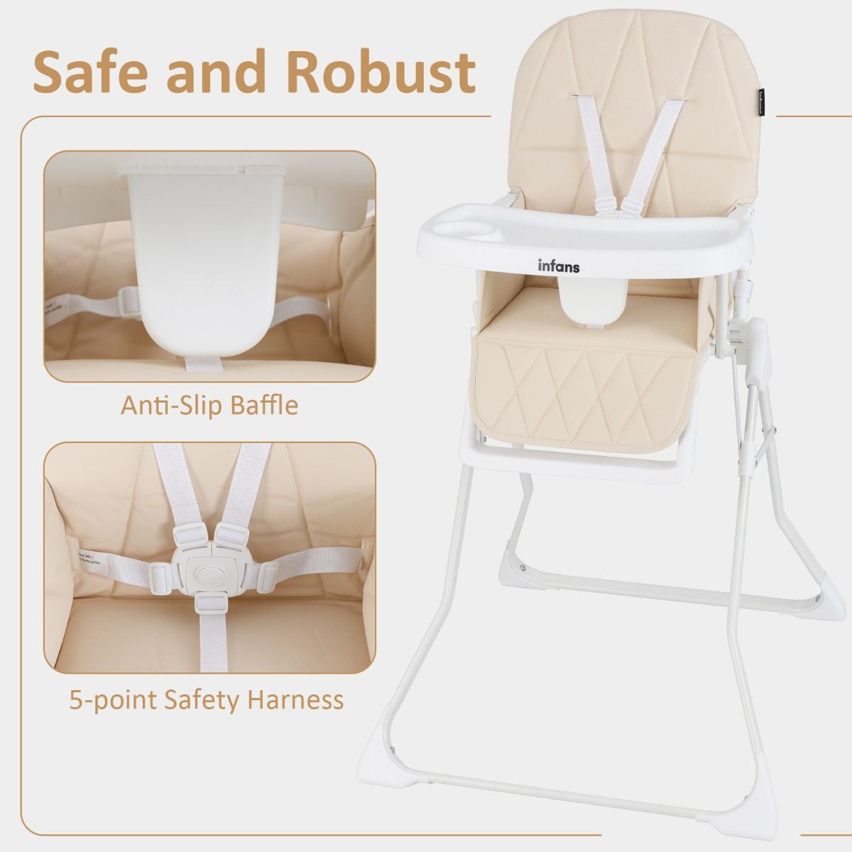 Baby Foldable High Chair with Removable Adjustable Tray and PU Seat Cushion