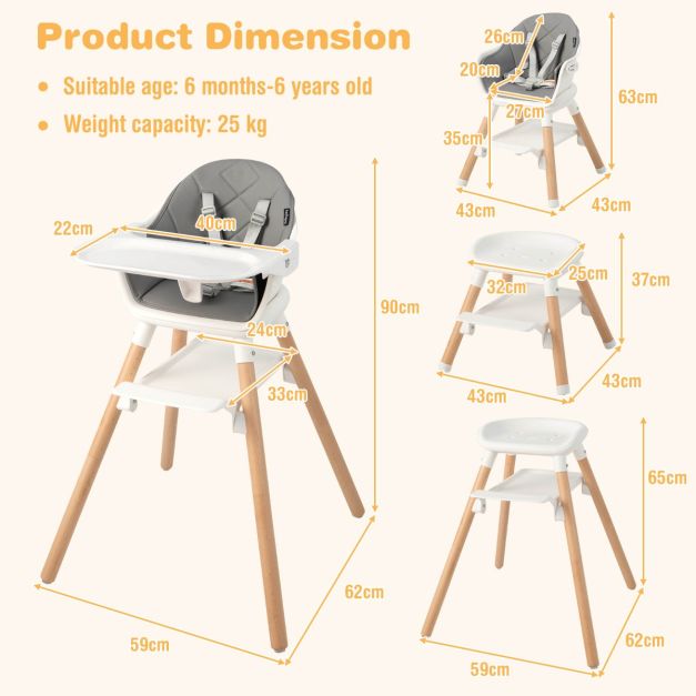 6-in-1 convertible baby high chair with dishwasher washable tray