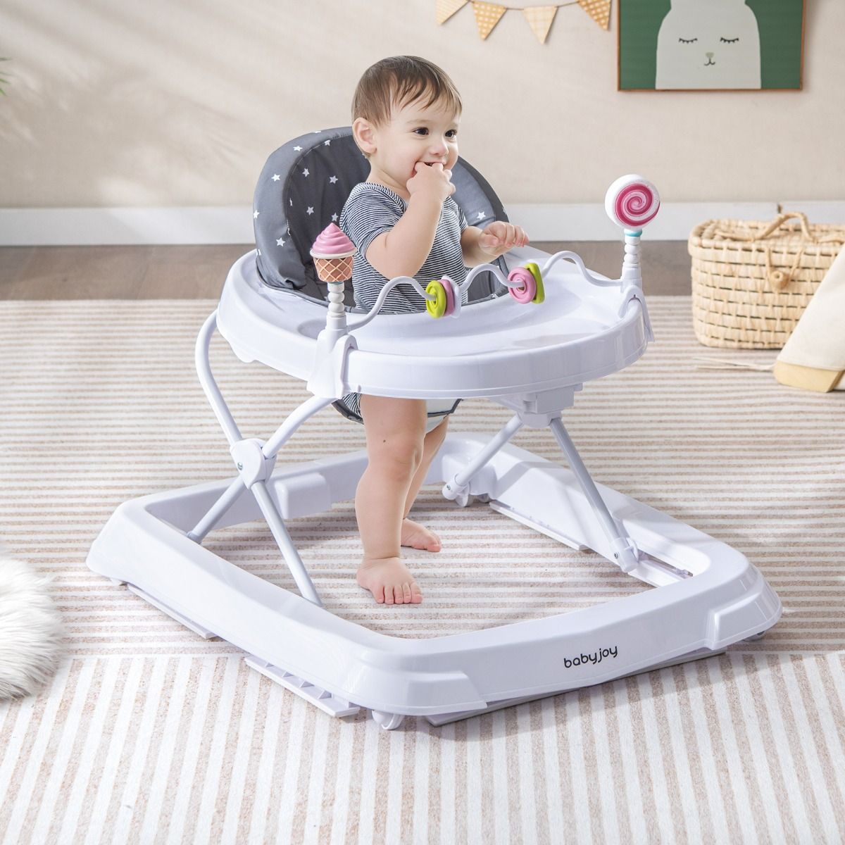 Folding Baby Walker with Wheels & 3-Level Adjustable Height