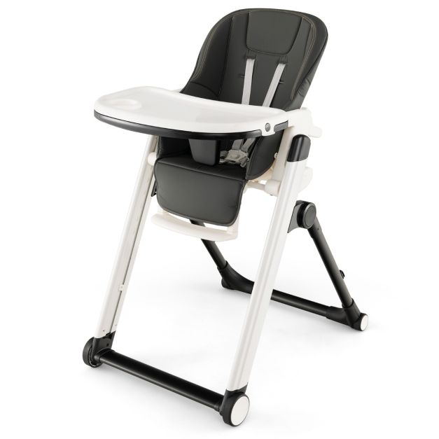 Foldable high chair with tilted backrest and adjustable height