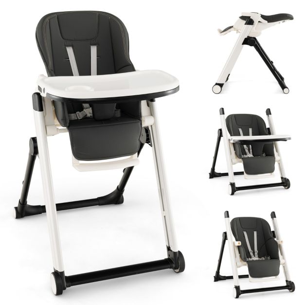 Foldable high chair with tilted backrest and adjustable height