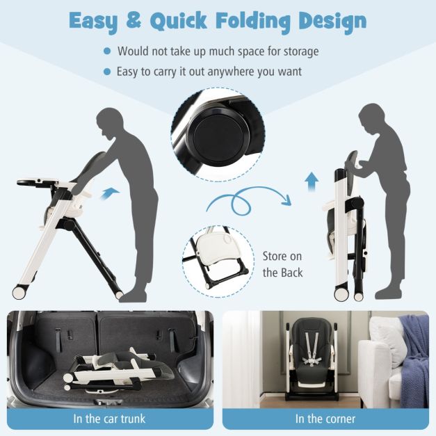 Foldable high chair with tilted backrest and adjustable height
