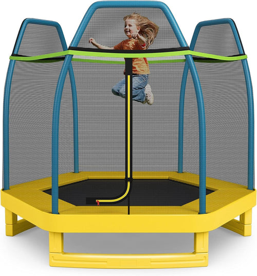 7FT Kids Trampoline w/Safety Enclosure Net & Spring Pad
