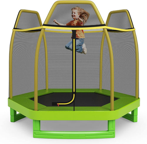 7FT Kids Trampoline w/Safety Enclosure Net & Spring Pad