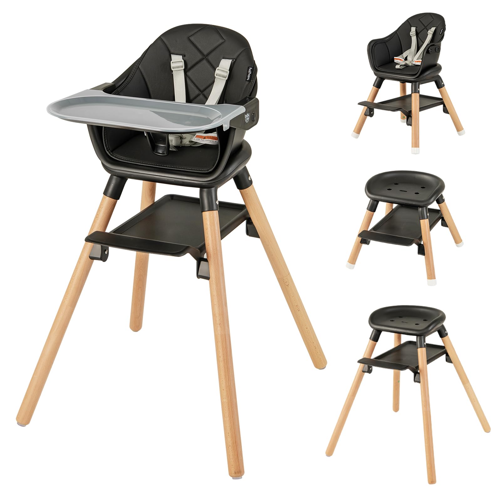 6-in-1 Convertible Wooden High Chair Baby High Chair with Double Dishwasher Safe Trays