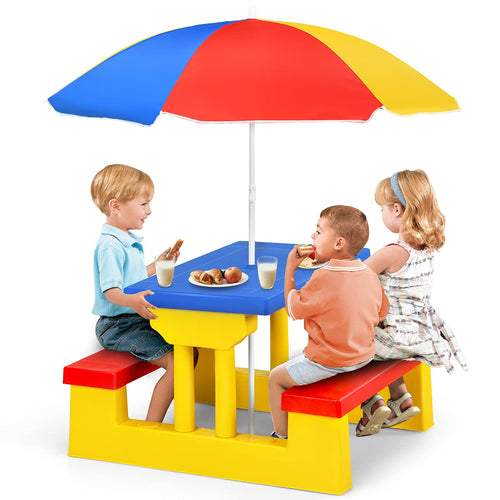Kids Picnic Table Set, Table Bench Set for Toddlers w/Removable Umbrella