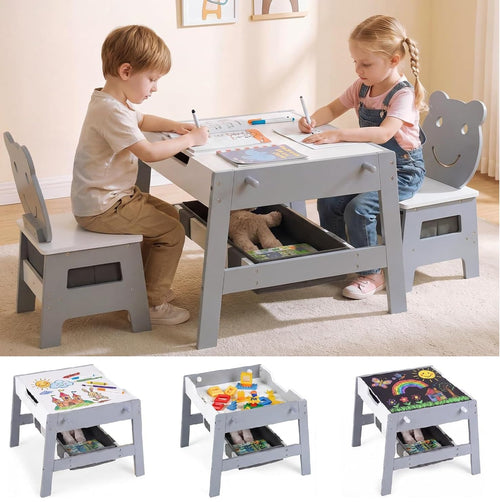 INFANS Kids Table and Chair Set, 4 in 1 Wooden Activity Desk
