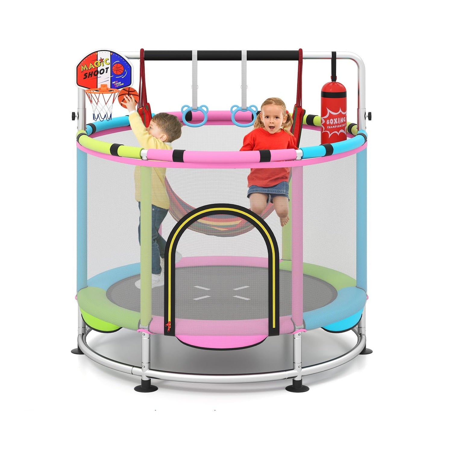 OLAKIDS 55" Trampoline for Kids Indoor Outdoor Adjustable Toddler Trampoline with Safety Enclosure Net