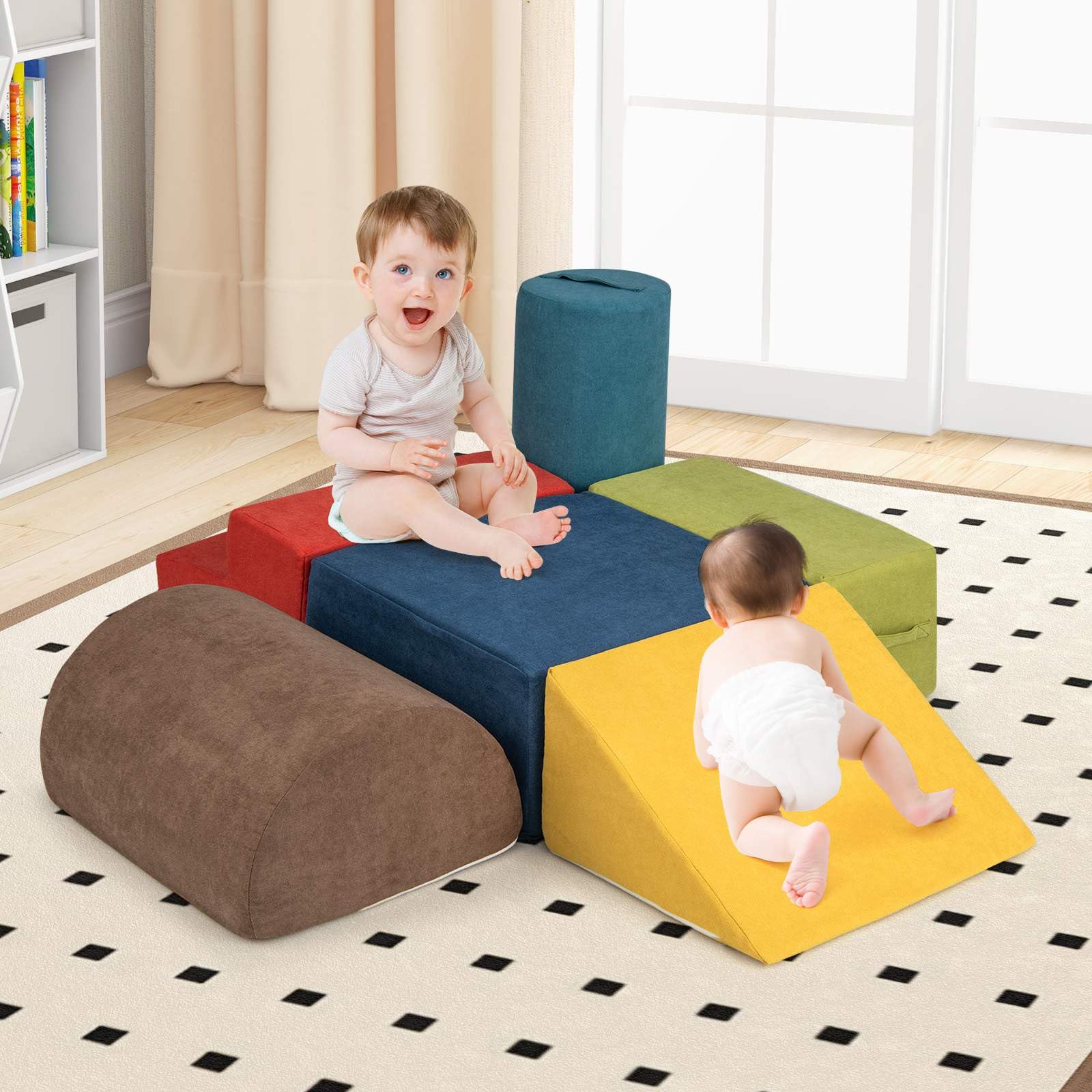 INFANS 6pc Kids Climb and Crawl Soft Foam Block Activity Structure Play Set with Chenille Fabric, 30D High-Density Foam