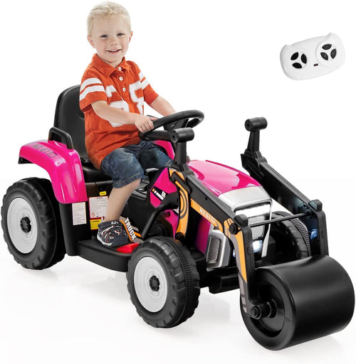 Ride on Car, 12V Road Roller with Remote Control, Battery Powered Electric Tractor w/Adjustable Drum Roller