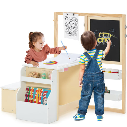 3 in 1 Kids Art Table and Chair Set, Toddler Craft and Play Wooden Activity Desk with Double-Sided Easel