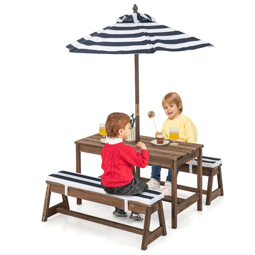 Kids Picnic Table Bench Set, Wooden Kids Outdoor Furniture with Umbrella, Sponge Cushions