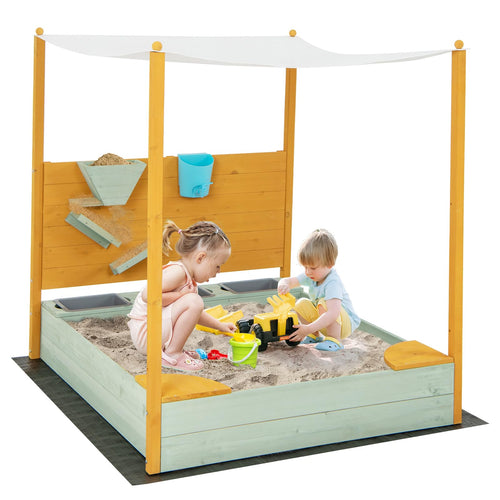 Kids Sandbox with Sand Wall, Wooden Sandpit for 3-8 Years w/Removable Canopy