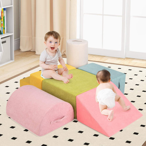 INFANS 6pc Kids Climb and Crawl Soft Foam Block Activity Structure Play Set with Chenille Fabric, 30D High-Density Foam