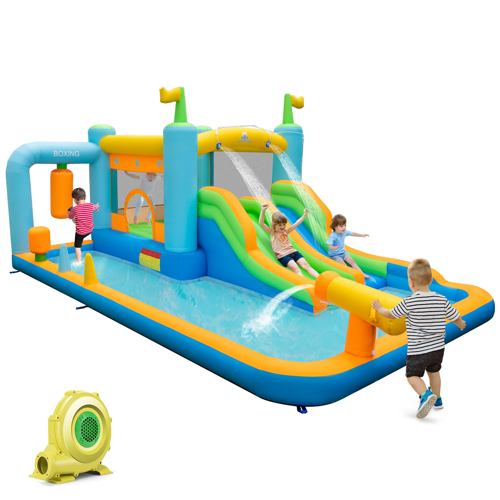 Inflatable Water Slide, Kids Jumping Castle Bounce House w/Dual Slides, Boxing Sandbag, Splash Pool