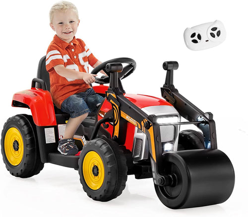 Ride on Car, 12V Road Roller with Remote Control, Battery Powered Electric Tractor w/Adjustable Drum Roller