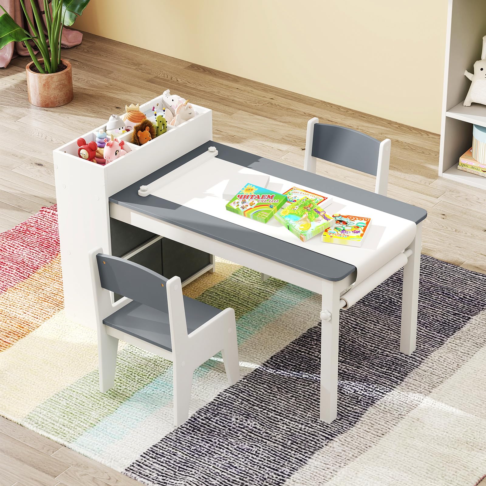 INFANS Kids Table and Chair Set, Toddler Art Craft Play Wood Activity Desk with 2 Chairs