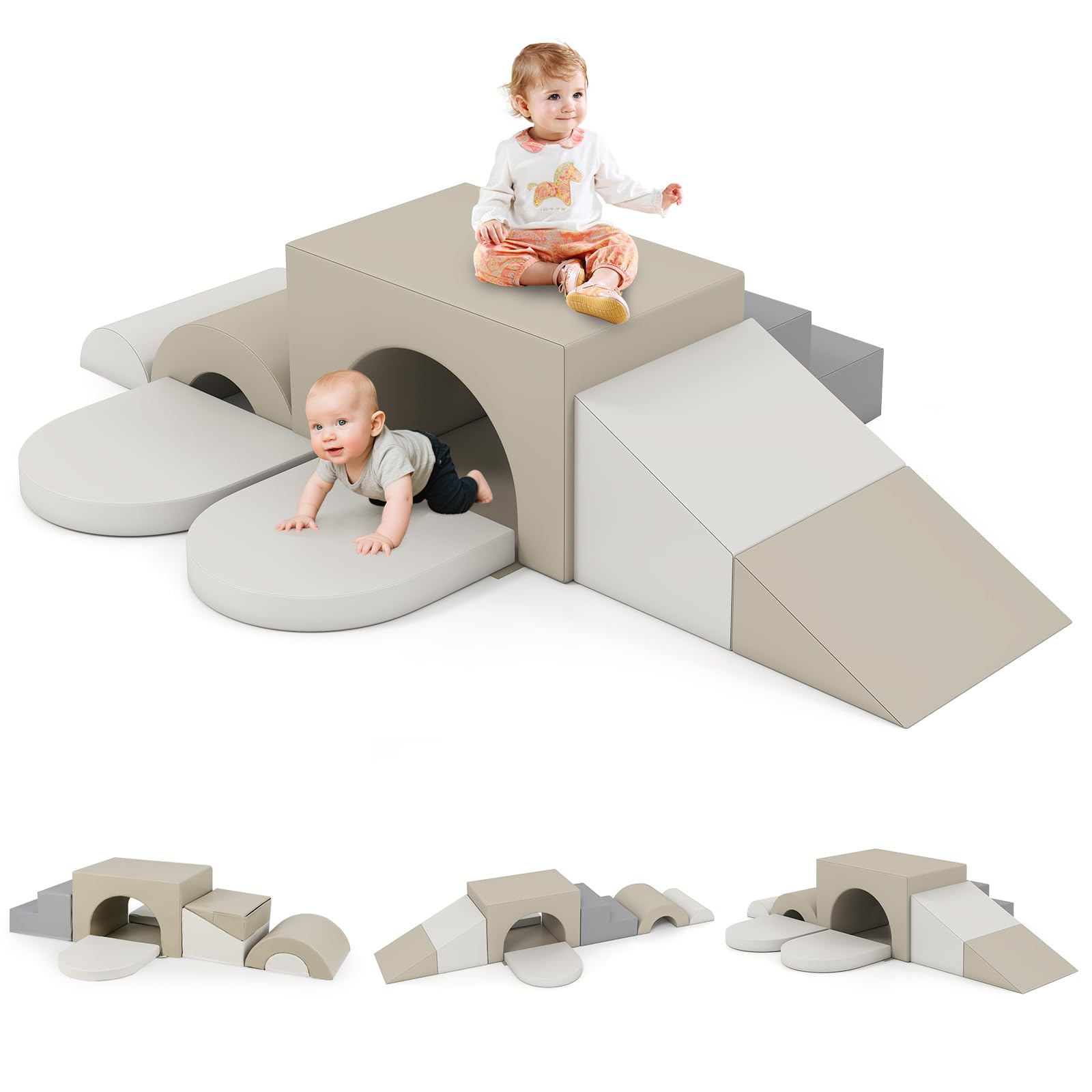 OLAKIDS Toddler Climbing Toys Indoor, 7 Pieces Baby Foam Blocks Soft Play Set with PU Leather