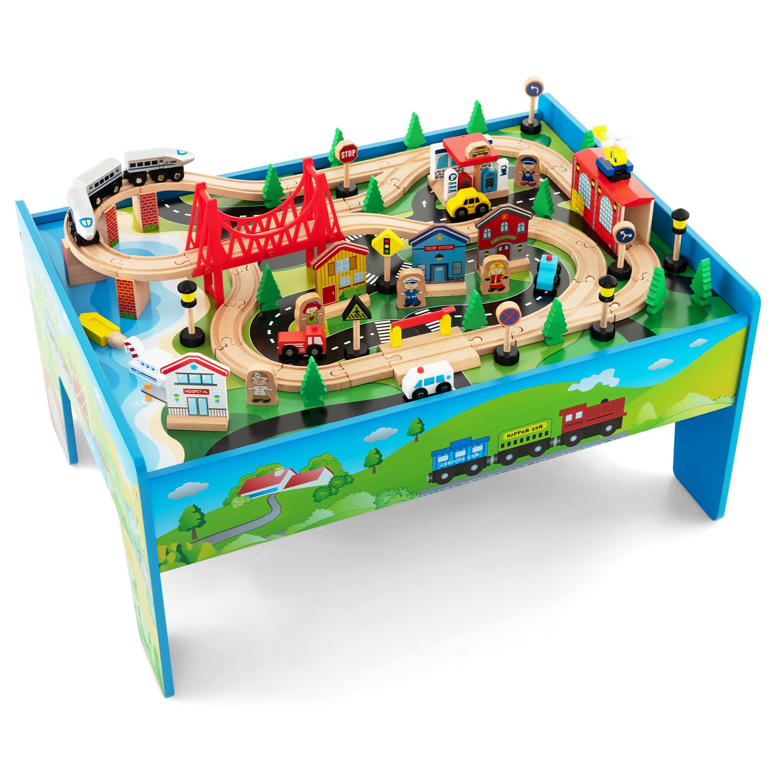 INFANS Train Table, 84 Pieces Wooden Kids Activity Toy Table Playset