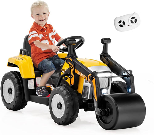 Ride on Car, 12V Road Roller with Remote Control, Battery Powered Electric Tractor w/Adjustable Drum Roller