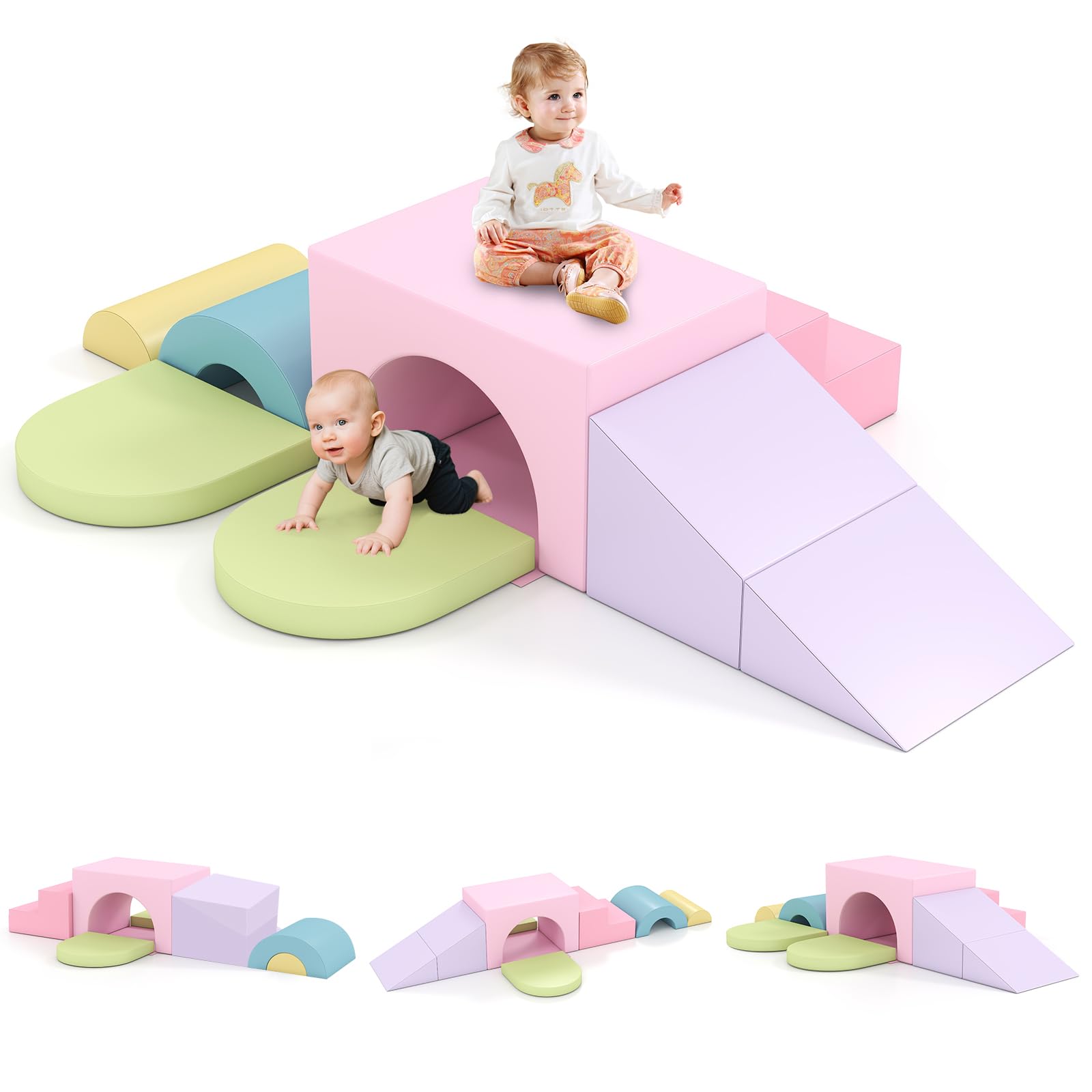OLAKIDS Toddler Climbing Toys Indoor, 7 Pieces Baby Foam Blocks Soft Play Set with PU Leather