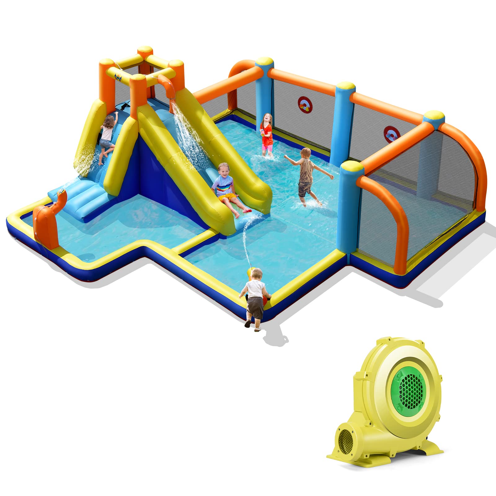 Inflatable Water Slide, 7-in-1 Long Slide Giant Water Park Wet Dry Combo with Water Soccer Splash Pool