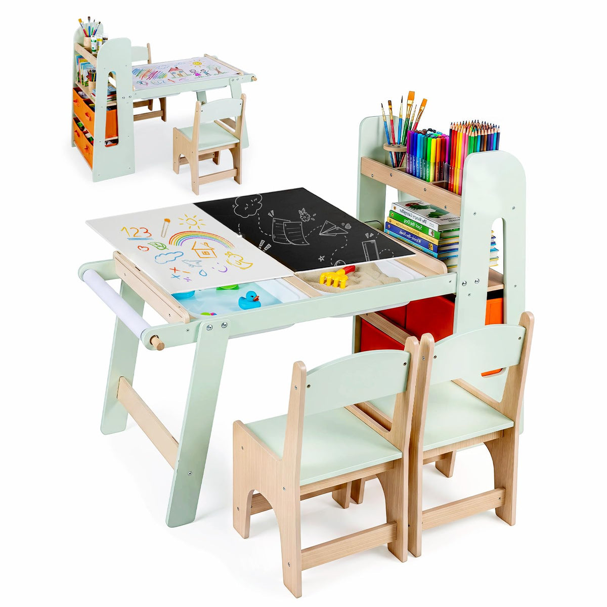 Sensory Table and Chairs Set for Toddlers, Wooden Activity Table with Paper Roll Holder,  Art Play Sand Water Desk