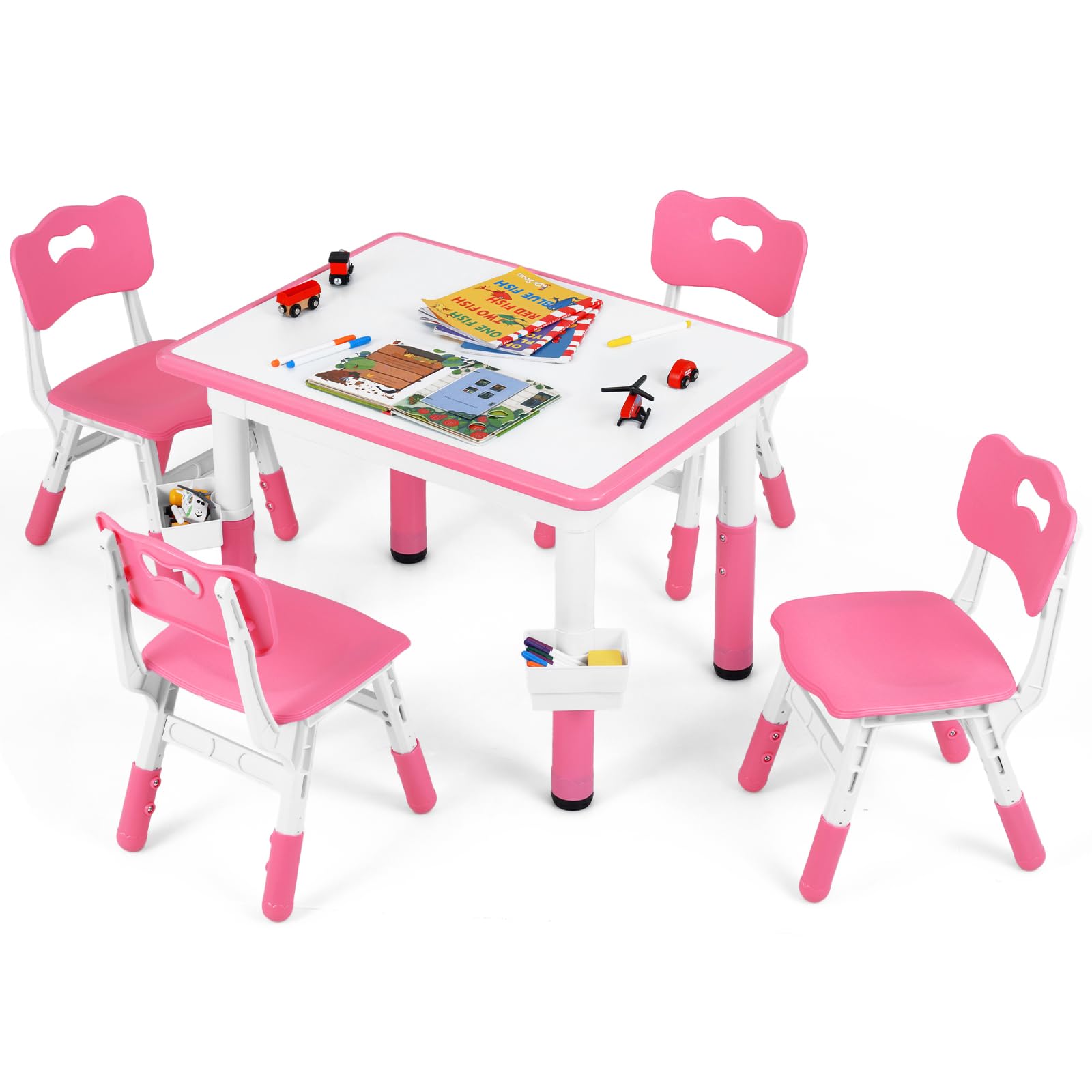 Kids Table and 4 Chairs Set, Height Adjustable Children Activity Desk with Graffiti Desktop 2 Storage Boxes