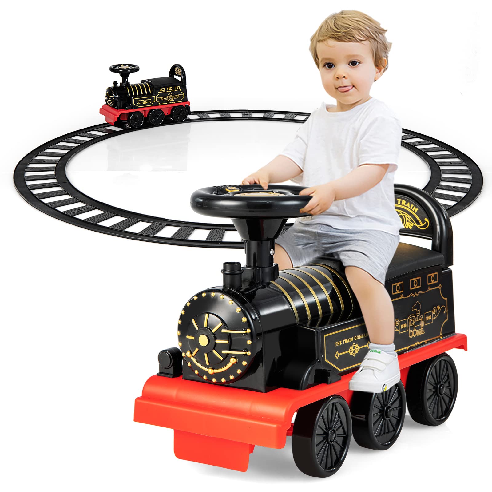 OLAKIDS Kids Ride On Train with Track 6V Electric Toy with Lights and Sounds