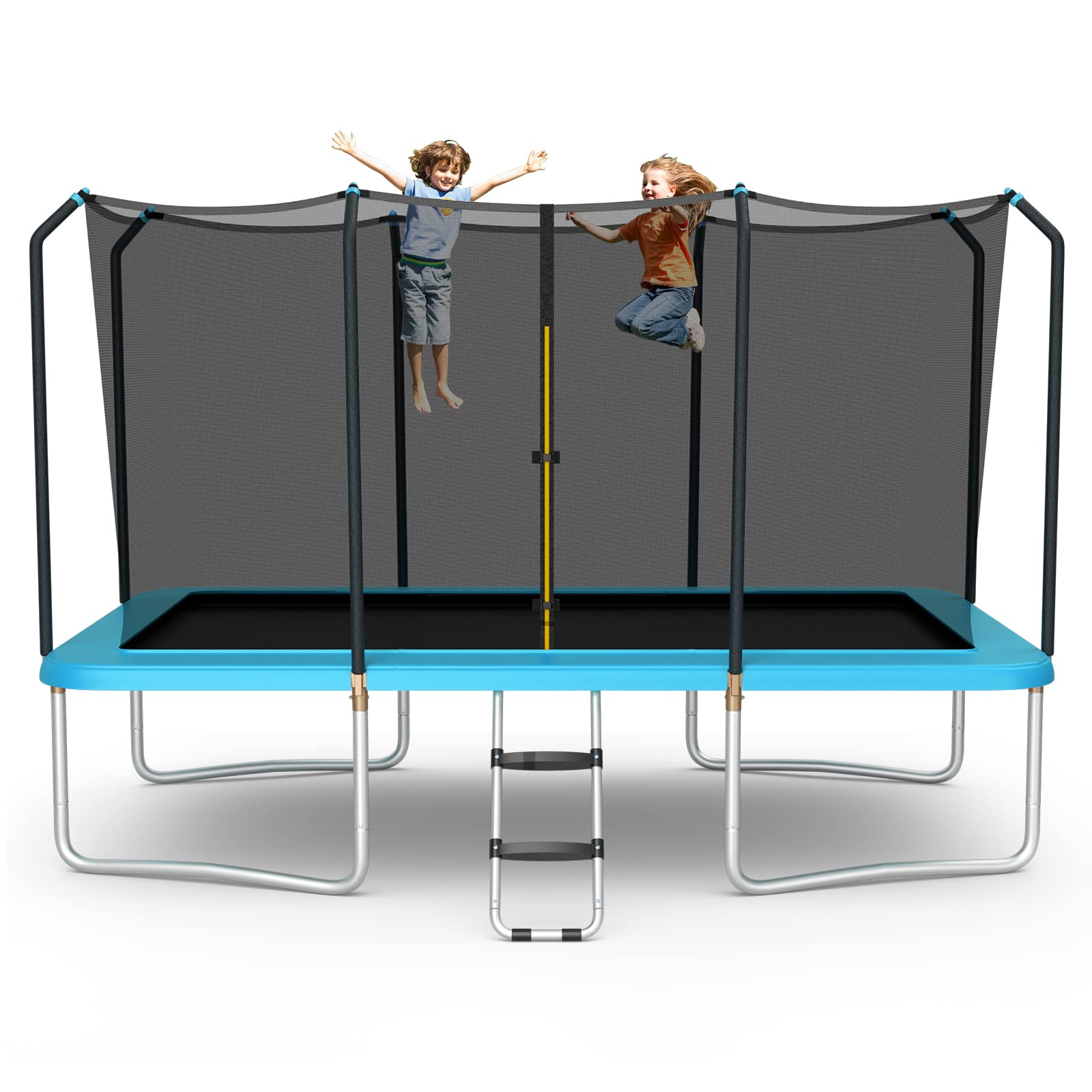 14 x 8FT 200 kg Weight Capacity Outdoor Kids Trampoline ASTM Certified Rectangular Trampoline with Enclosure Net, Safety Net and Ladder
