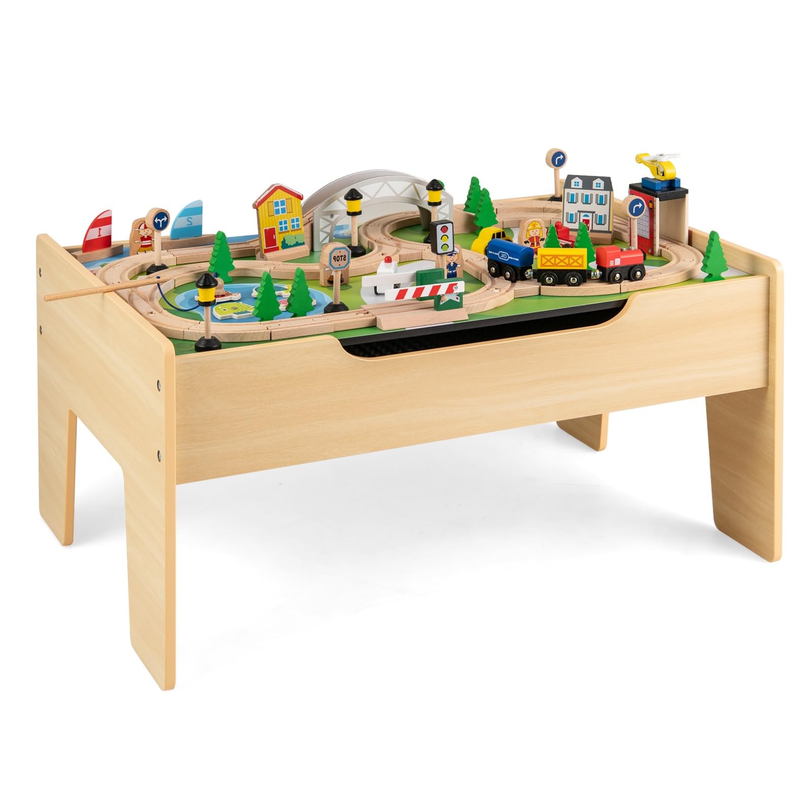 INFANS Train Table, 78 Pieces Wooden Kids Activity Toy Table Playset with Reversible Detachable Blackboard Tabletop