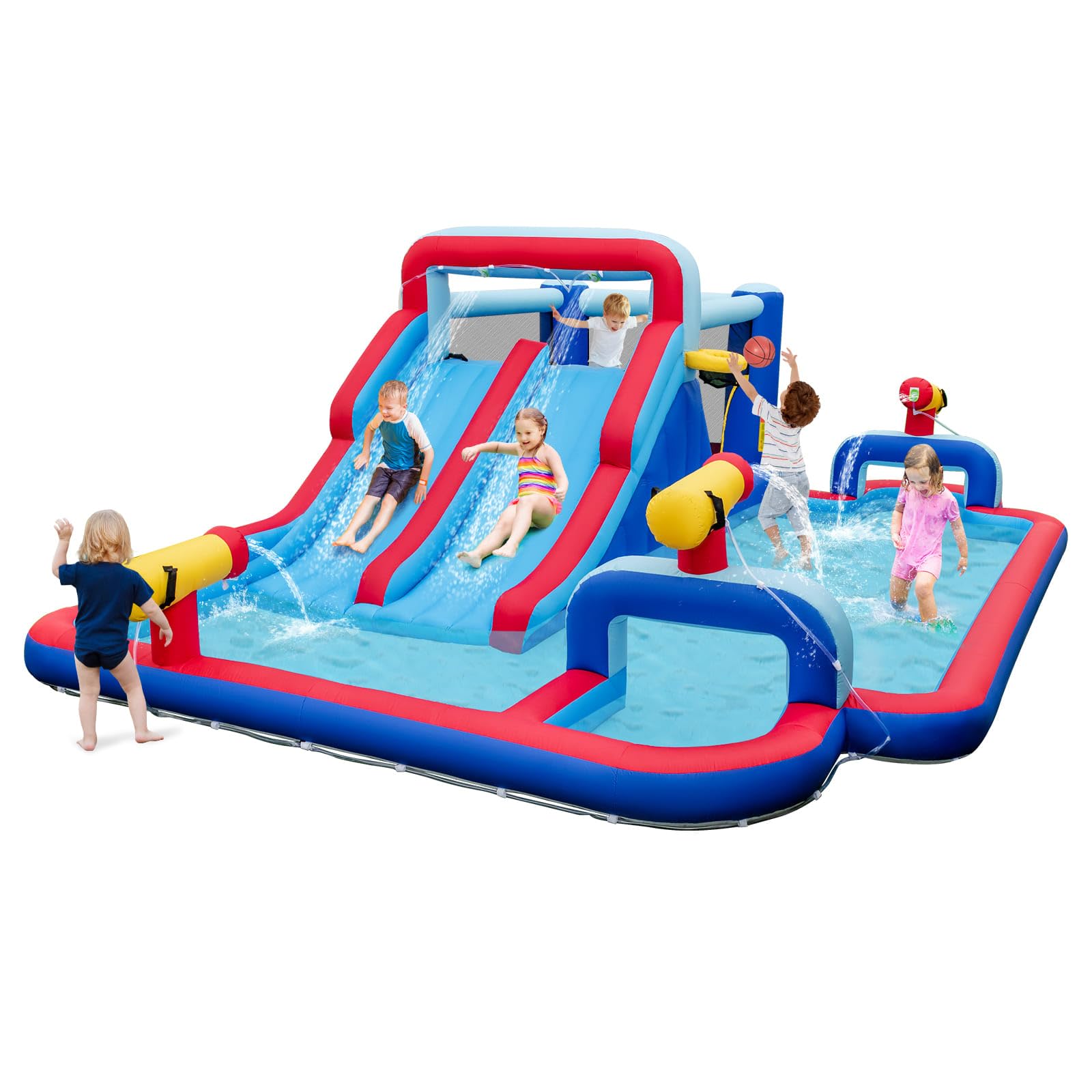 Water Slide Park, 5-in-1 Inflatable Jumping House w/Dual Slides, Climbing Wall, Splash Pool