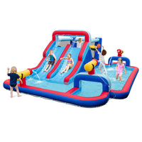 Water Slide Park, 5-in-1 Inflatable Jumping House w/Dual Slides, Climbing Wall, Splash Pool