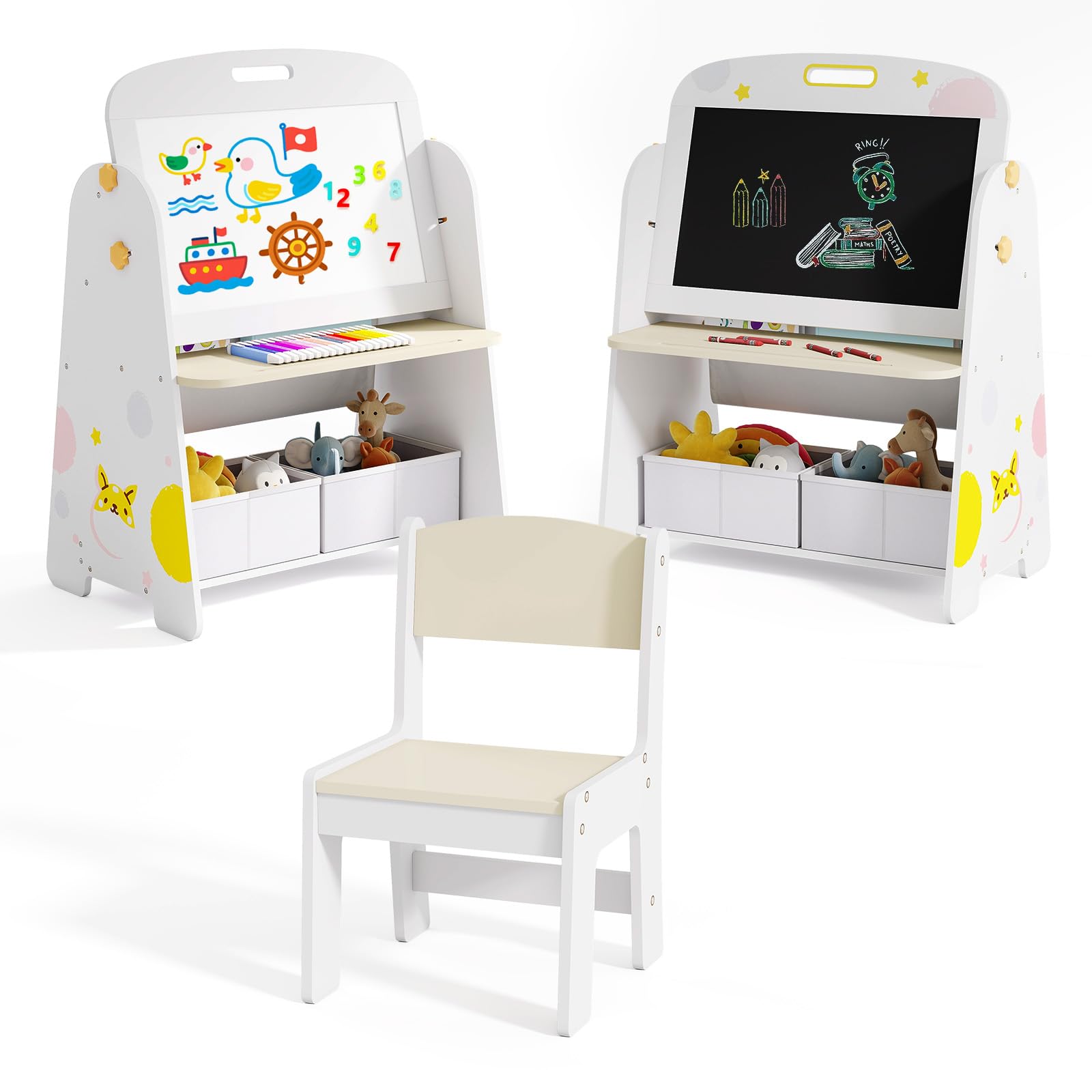 Easel for Kids with Stool, 4-in-1 Double-Sided Adjustable Magnetic Chalkboard with Paper Roll