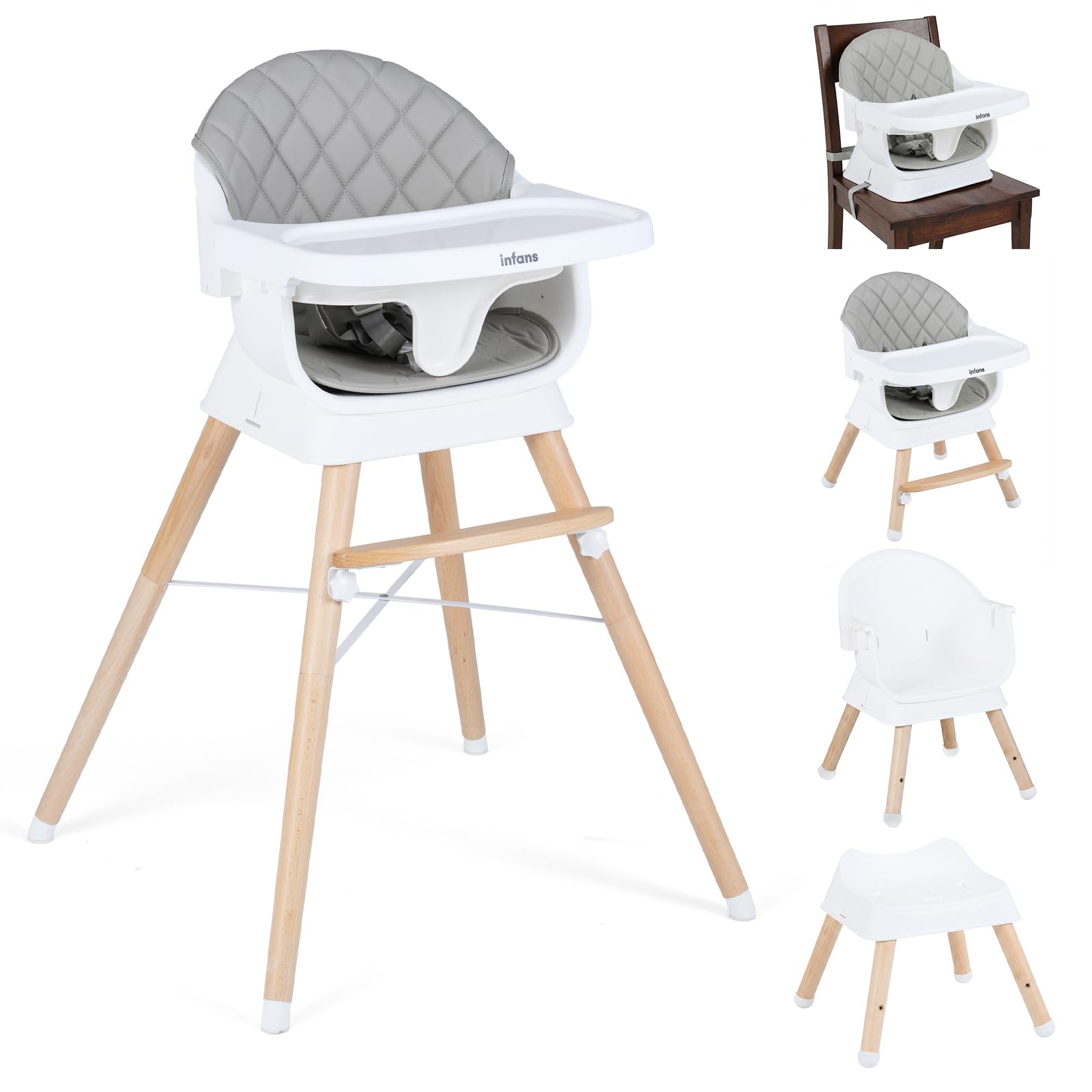 INFANS Baby High Chair, 6 in 1 Wooden Convertible Highchair for Babies and Toddlers